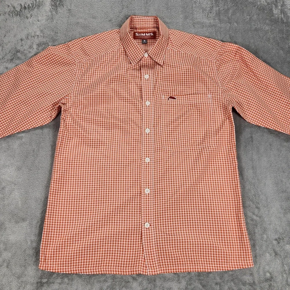 Simms Shirt Mens Small Orange Check Long Sleeve Button Up Fishing Outdoor Casual